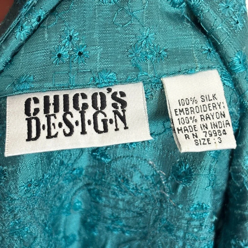 Vintage Chico's Teal Floral Button Up Blouse L Butterfly Silk Artsy Boho Retro - Picture 10 of 10